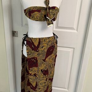 African Dutch Wax Print Elegant Gold Red Dance Panel Skirt with Tie & Scarf
